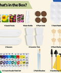 All In One Paint And Grow Flower Kit With 4 Ceramic Pots Soils Seed Packs Saucers Plant Markers Palette Brushes Tools And 12 Acrylic Colors For Creative Gardening Arts And Crafts And Perfect DIY Gift laid out in box contents view.
