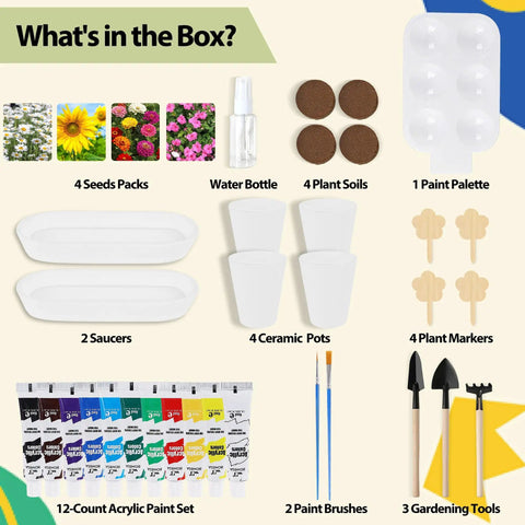 All In One Paint And Grow Flower Kit With 4 Ceramic Pots Soils Seed Packs Saucers Plant Markers Palette Brushes Tools And 12 Acrylic Colors For Creative Gardening Arts And Crafts And Perfect DIY Gift laid out in box contents view.