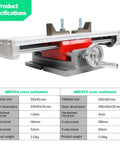 XY Axis Slide Vise AB8303 Multifunction Cross Table with specifications table and visible dual crank on aluminum alloy build.