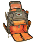 Open view of Recon Lighted Compact Tackle Backpack with orange interior, clear phone pocket, and easy access gear pockets.