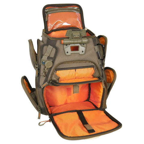 Open view of Recon Lighted Compact Tackle Backpack with orange interior, clear phone pocket, and easy access gear pockets.