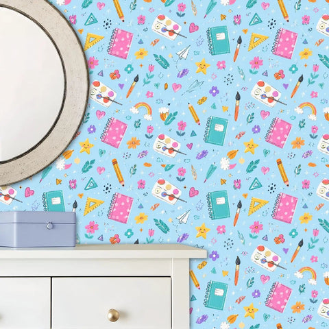 Top Tier Botanical Floral Peel And Stick Wallpaper Removable Self Adhesive Wallcovering Giant Roll with colorful doodle patterns.