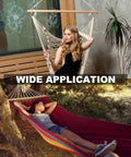 Woman sitting in hammock chair indoors and another woman lying in outdoor hammock, both supported by 5 Inch Large Eye Bolts Screw In Stainless Steel 4 Pack Heavy Duty Eye Hooks For Wood Hanging 500 LBS Working Load Zinc Coated Durable Easy To Install For Tough DIY Projects.