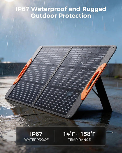 IP67 waterproof 100W foldable portable solar panel, orange handles, standing in rain for off grid camping and power