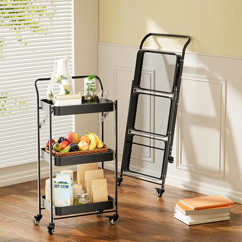No Tools Needed Foldable Rolling Cart With Three Tiers In Black Metal Finish, easy unfold and lock setup, in use with items