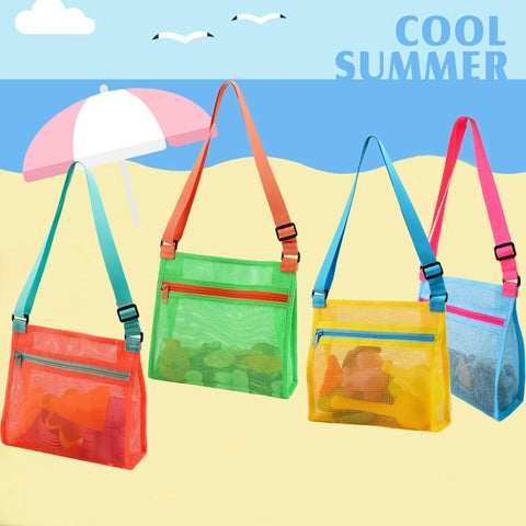 Mesh Beach Bags For Shells Collecting 4 Pack in bright colors with adjustable straps on a beach background.