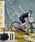 Cyclist on MTB with 24 Inch Bike Tube With 32mm Schrader Valve Butyl Inner Tube 2 Pack Fits 24 X 2.125 To 24 X 2.40 MTB Mountain Bike Tires Includes 2 Tire Levers No Fuss For All Mountain Use, symbols showing durability features.