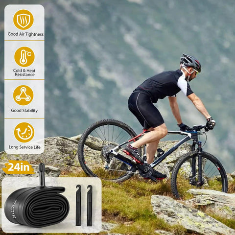 Cyclist on MTB with 24 Inch Bike Tube With 32mm Schrader Valve Butyl Inner Tube 2 Pack Fits 24 X 2.125 To 24 X 2.40 MTB Mountain Bike Tires Includes 2 Tire Levers No Fuss For All Mountain Use, symbols showing durability features.