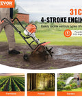 Person using Backyard Ready 31cc 4 Stroke Tiller Cultivator With Four Steel Adjustable Front Tines For Lawn Garden And Field Soil, EPA Certified And Easy Start, Orange in a garden setting