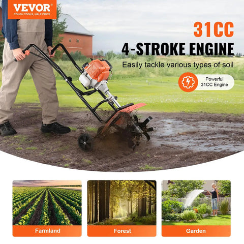 Person using Backyard Ready 31cc 4 Stroke Tiller Cultivator With Four Steel Adjustable Front Tines For Lawn Garden And Field Soil, EPA Certified And Easy Start, Orange in a garden setting