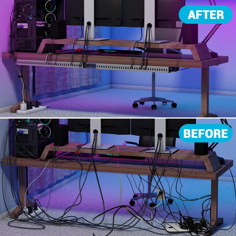Before and after comparison using Open Slot Cable Duct Kit 62.8 Inches Four Pack Cable Management Raceway for under desk wire organization.