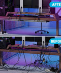 Before and after using Open Slot Wire Duct Kit for Desk and Server Racks, showing organized cable management, 125.6 inch length