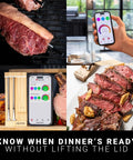 Two Probes Wireless Smart Meat Thermometer For BBQ Oven Grill Smoker And Air Fryer With Two Meats At Once And 1000 Degree Fahrenheit Heat Resistance Long Range Six Sensors And iOS Android App, featuring meat cooking and app display.