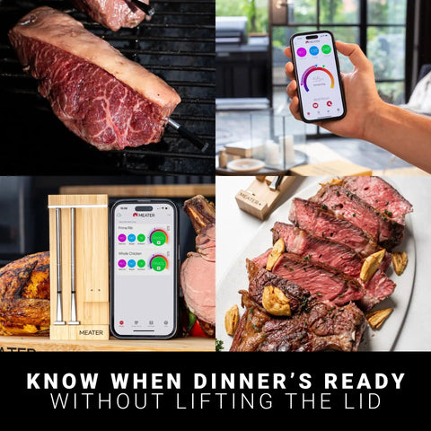 Two Probes Wireless Smart Meat Thermometer For BBQ Oven Grill Smoker And Air Fryer With Two Meats At Once And 1000 Degree Fahrenheit Heat Resistance Long Range Six Sensors And iOS Android App, featuring meat cooking and app display.