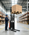 Heavy Duty 1.6KW Electric Pallet Stacker Forklift With 3300 Lbs Load Capacity And 94 Inch Lift Height in warehouse, lifting pallet.