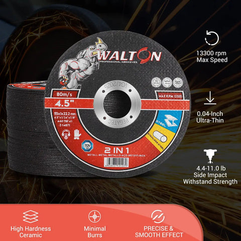 Cut Off Wheels 50 Pack 4 1/2 Inch Cutting Discs For Angle Grinder Metal And Stainless Steel Thin 0.04 Inch Thick With 7/8 Inch Arbor Built For Fast Smooth Cuts And Long Lasting Durability In Tough Metal Work on display showing features