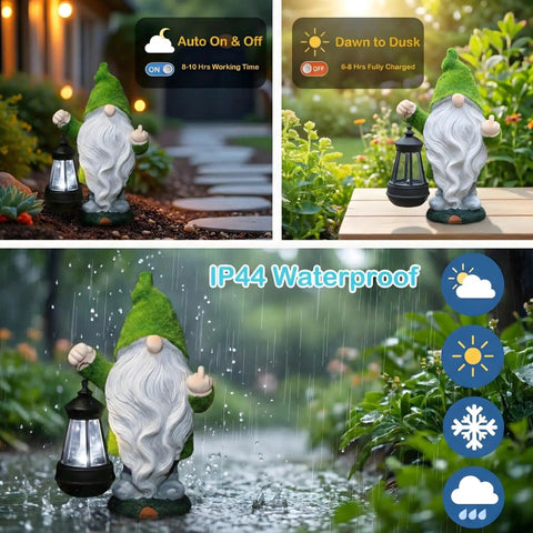 Angry Dude Gnome with Solar Lights in garden, showcasing auto on/off feature and waterproof design, large funny garden statue for outdoors, patio, yard and lawn, white flocked figurine for farmhouse decor, outdoor humor gift that stands out on the lawn.