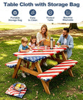 Family using Vintage American Flag Picnic Table Cover Set With Bench Covers, Waterproof 72 By 30 Inch Outdoor Tablecloth, in park