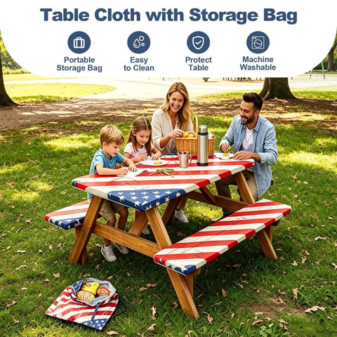 Family using Vintage American Flag Picnic Table Cover Set With Bench Covers, Waterproof 72 By 30 Inch Outdoor Tablecloth, in park