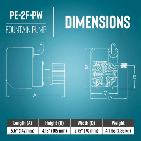 Technical diagram of Powerful Workhorse Compact Submersible Fountain Pump For Small Ponds And Water Features, dimensional details shown