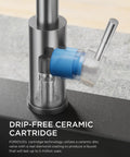 Sleek Pull Down Kitchen Faucet With Single Handle Brushed Nickel Finish Solid 304 Stainless Steel Lead Free Ceramic Cartridge close-up of drip-free ceramic cartridge