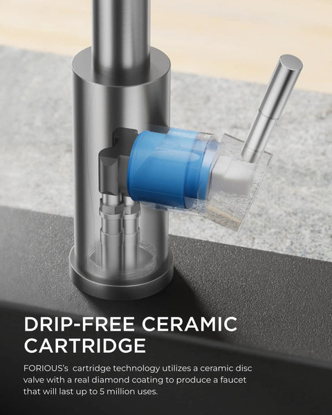 Sleek Pull Down Kitchen Faucet With Single Handle Brushed Nickel Finish Solid 304 Stainless Steel Lead Free Ceramic Cartridge close-up of drip-free ceramic cartridge