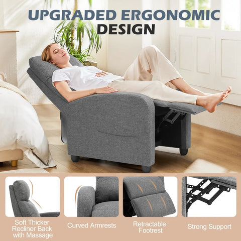 Woman relaxing on ultra comfy massage recliner chair for adults with adjustable 90 to 160 degree recline, gray fabric, living room.