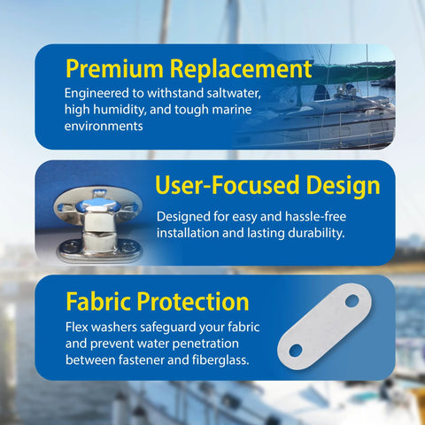 EZ-Xtend marine-grade twist-lock fasteners; nickel-plated brass turn buttons with stainless screws for canvas; close-up view.