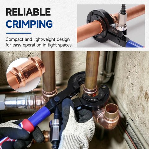 Heavy Duty Copper Pipe Press Tool For 1 Inch 1 25 And 1 5 Fittings Dual Drive Crimper in use with ergonomic grip on copper pipes.