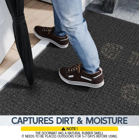 User stepping on All Weather Front Door Mat Indoor Outdoor 72 Inch By 36 Inch Non Slip Rubber Backing Welcome Floor Mat at entrance.
