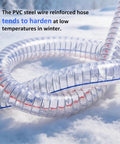 Close-up of Beefy Ten Foot Steel Wire Reinforced PVC Vacuum Hose on snow, highlighting durability in winter conditions.