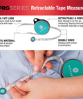 ProSeries 98 Inch Retractable Tape Measure With Leatherette Case Teal Color Pocket Friendly Easy Clip For Lanyard Or Keyring