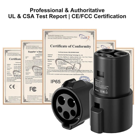 J1772 To Tesla Charger Adapter is the real deal for Model 3 Y X S, showing certification documents and device design.