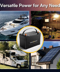 12V 100Ah LiFePO4 Battery With Bluetooth BMS IP67 Waterproof For RV Solar Marine Trolling Motor And Off Grid Setups 5000 Plus Deep Cycles Ready For Any Adventure Built For Road Trips And No Fuss Power On The Go with images of a boat, RV, camper, and solar panels.