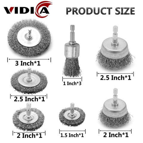 Heavy Duty Drill Wire Brush Set Nine Piece With Abrasive Wire Wheels Cups And Pen Brushes, various sizes displayed