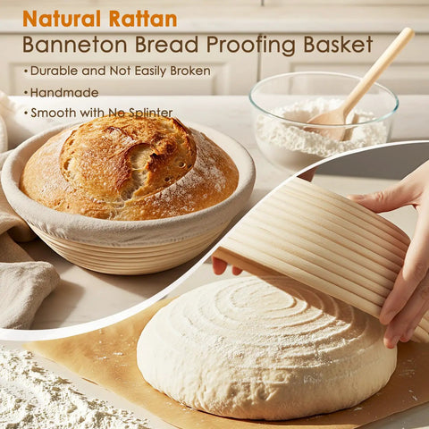 Beginner Friendly Sourdough Starter Kit With Round And Oval Banneton Baskets, bread proofing in natural rattan basket