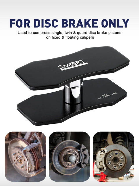 Brake Caliper Compression Tool For Twin And Quad Piston Calipers, Piston Compressor And Pad Spreader For Car Brake Repair, Universal Caliper Tool With Centrally Located Ratchet For Even Piston Movement, shown for disc brake use.