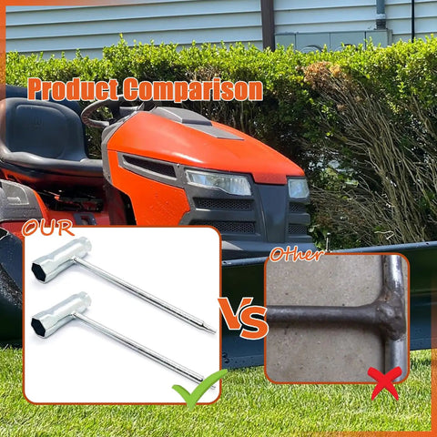 Comparison of Two Pack Torx T Wrench Set 19 mm By 13 mm With Torx T 27 Tip Non Hardened and competitor, with lawn mower background.