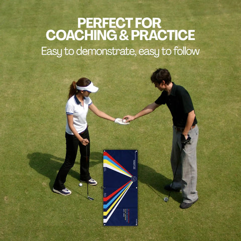 Two golfers using Golf Towel Training Aid For Beginners With Swing Plane And Stance Alignment Practice Portable Travel Size on grass