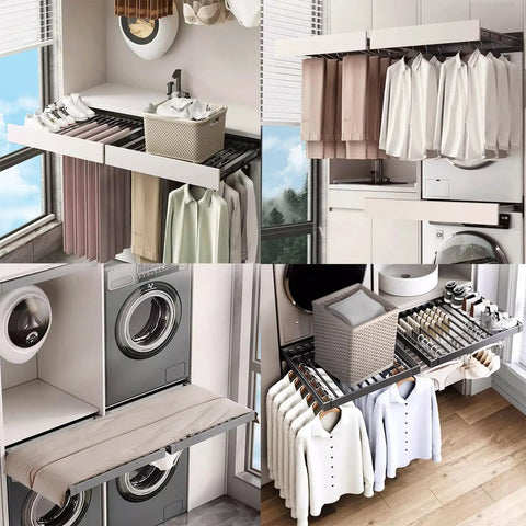 Adjustable Invisible Clothes Drying Rack For Trousers, space saving organizer in modern laundry room with aluminum frame