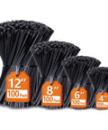Assorted Zip Ties Set 4 Inch 18 Lb, 6 Inch 25 Lb, 8 Inch 40 Lb, 12 Inch 45 Lb Black UV Resistant Cable Ties 400 Pack displayed