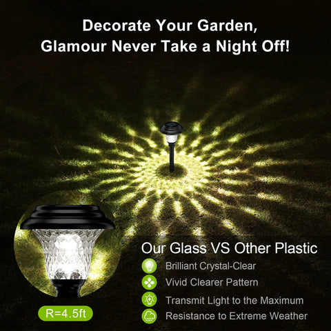Glass Solar Lights Outdoor 8 Pack Waterproof Super Bright Pathway Lights with crystal-clear illumination at night.