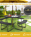 Round Outdoor Picnic Table For Eight With Built In Benches, Umbrella Hole, Sturdy Metal Frame And HDPE Top in garden setting