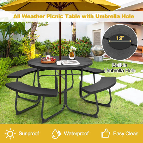Round Outdoor Picnic Table For Eight With Built In Benches, Umbrella Hole, Sturdy Metal Frame And HDPE Top in garden setting