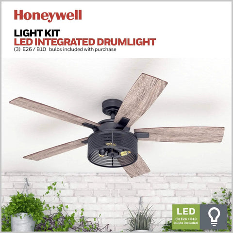 Carnegie Industrial 52 Inch Ceiling Fan With Remote And LED Light, 5 Blades In Gray Pine over white brick wall