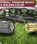Pressure washer hose connector set; brass M22 14mm quick-connect couplers (left inner detail, right threaded end) on grass.