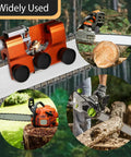 All In One Chainsaw Sharpener Kit For Electric Saws With Tungsten Burr showing usage on various chainsaws outdoors.