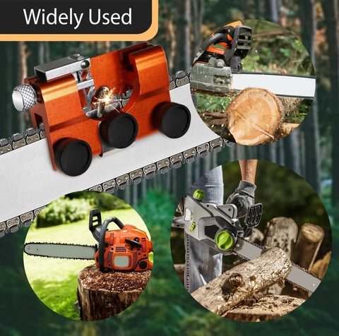 All In One Chainsaw Sharpener Kit For Electric Saws With Tungsten Burr showing usage on various chainsaws outdoors.