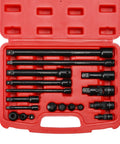 18 Piece Drive Tool Accessory Set With Premium CRV Steel And Black Phosphate Finish in red case, shown with socket adapters.