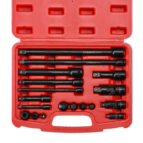 18 Piece Drive Tool Accessory Set With Premium CRV Steel And Black Phosphate Finish in red case, shown with socket adapters.